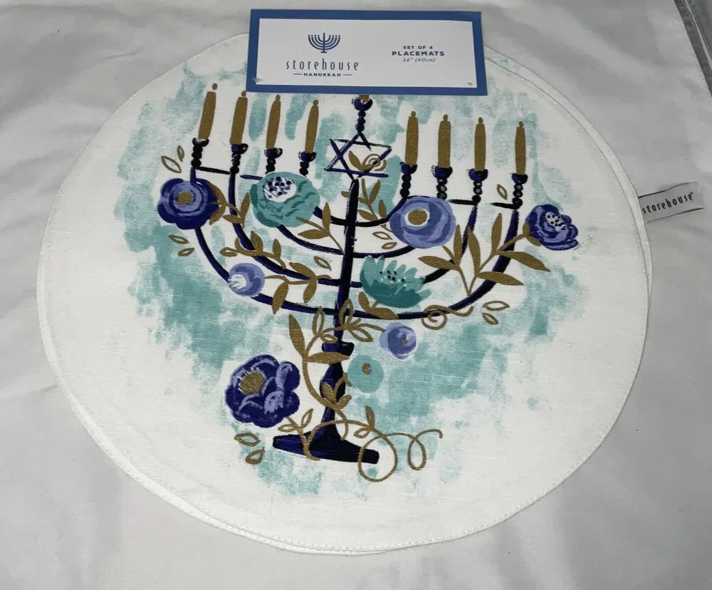 NEW HANUKKAH CIRCLE PLACEMATS STAR OF DAVID MENORAH BLUE WHITE FLOWERS SET/4